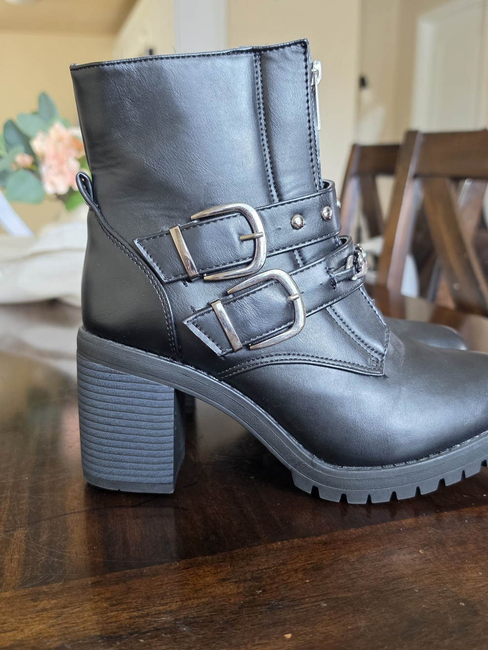 Olivia + Kate Black Chunky MotoBlack Buckle Strap Block Heel Ankle Boots - Women